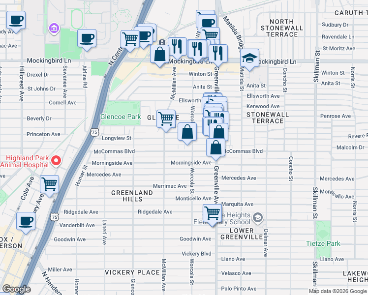 map of restaurants, bars, coffee shops, grocery stores, and more near 5546 Longview Street in Dallas