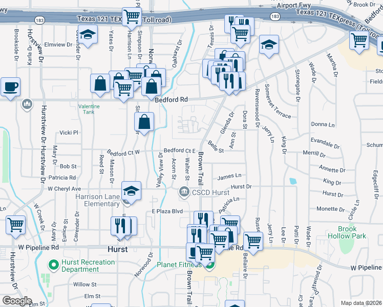 map of restaurants, bars, coffee shops, grocery stores, and more near 1001 Brown Trail in Bedford