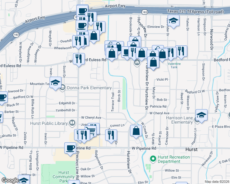 map of restaurants, bars, coffee shops, grocery stores, and more near 1144 Birch Street in Hurst