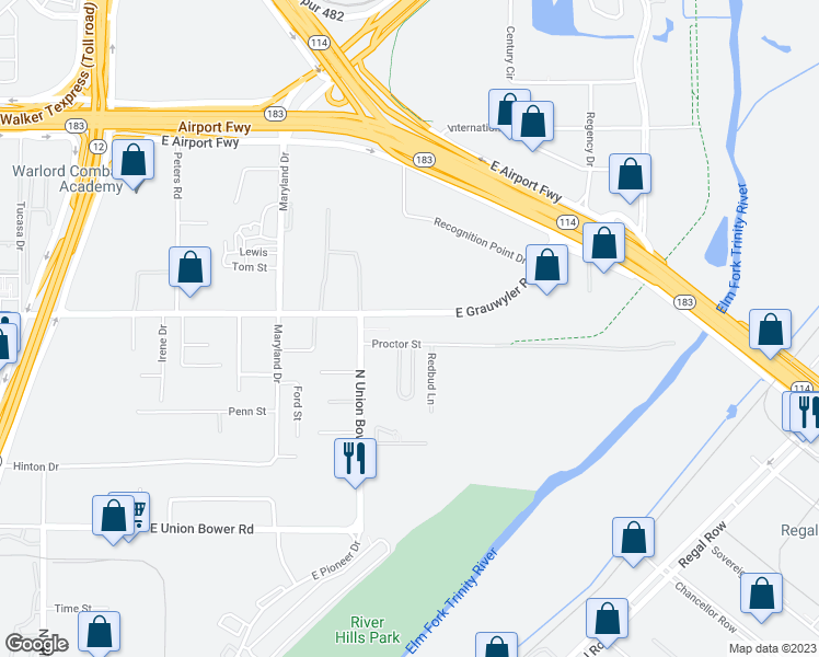 map of restaurants, bars, coffee shops, grocery stores, and more near 2770 East Grauwyler Road in Irving