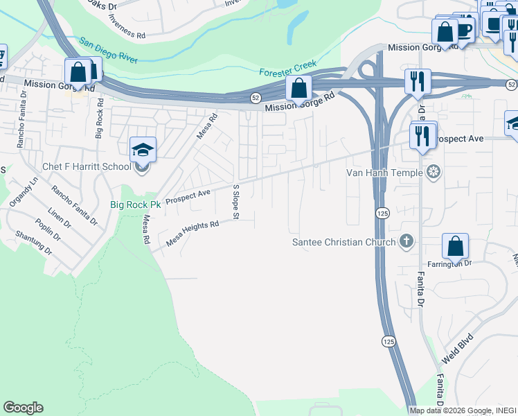 map of restaurants, bars, coffee shops, grocery stores, and more near 8531 Tyler Street in Santee