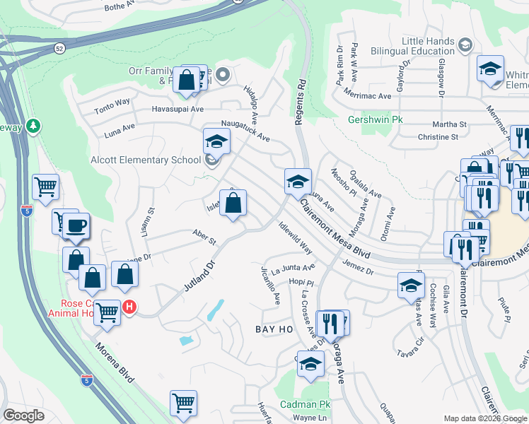 map of restaurants, bars, coffee shops, grocery stores, and more near 3153 Idlewild Way in San Diego