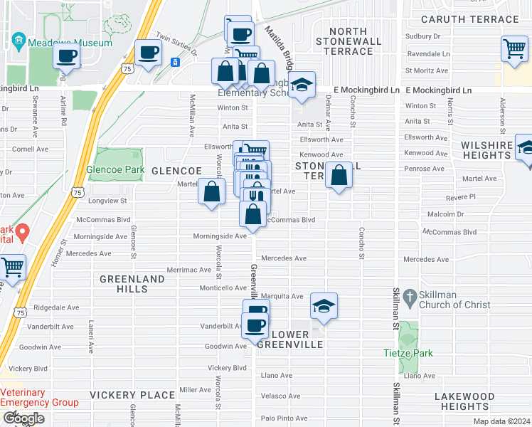 map of restaurants, bars, coffee shops, grocery stores, and more near 5711 McCommas Blvd in Dallas