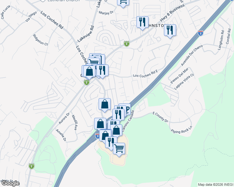 map of restaurants, bars, coffee shops, grocery stores, and more near 8449 Snow White Drive in El Cajon