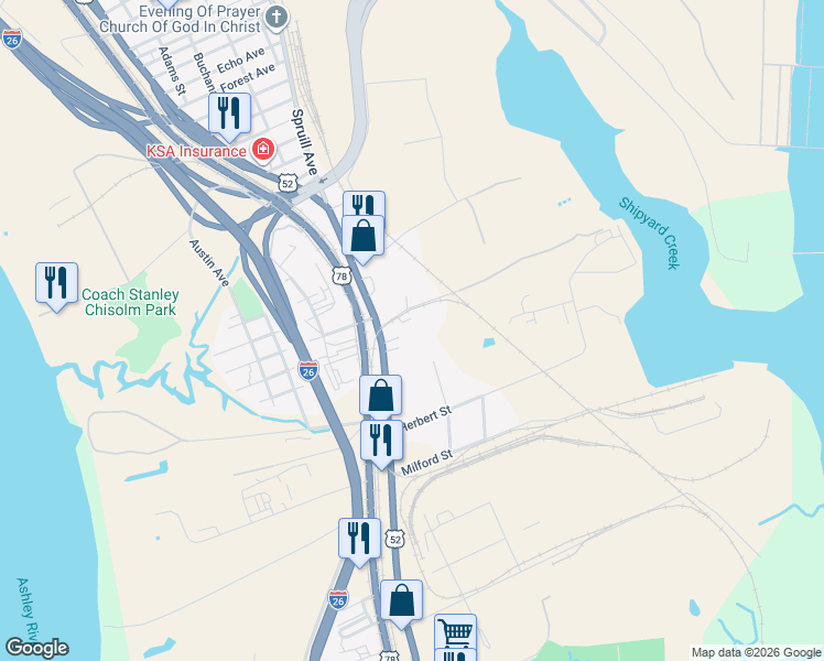 map of restaurants, bars, coffee shops, grocery stores, and more near 2003 Cherry Hill Lane in North Charleston