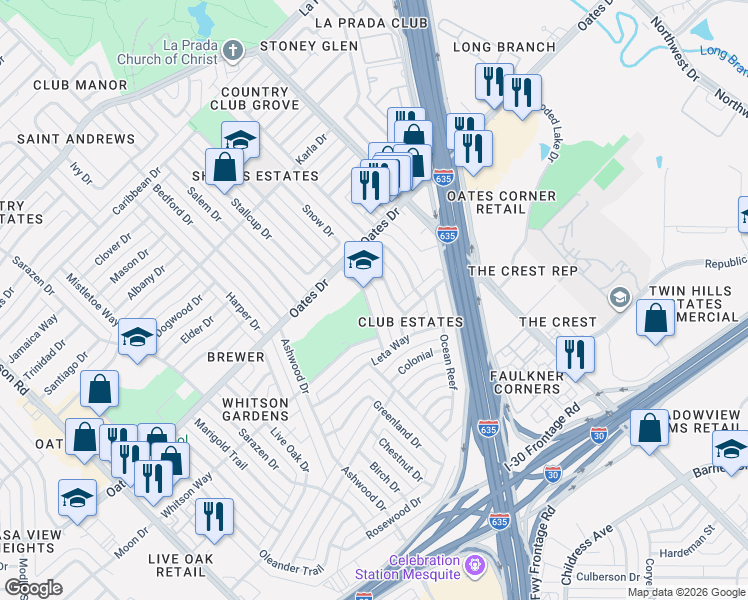 map of restaurants, bars, coffee shops, grocery stores, and more near 4621 Gleneagle Street in Mesquite