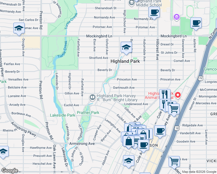 map of restaurants, bars, coffee shops, grocery stores, and more near 3637 Miramar Avenue in Dallas