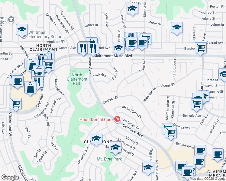 map of restaurants, bars, coffee shops, grocery stores, and more near 4550 Diane Way in San Diego