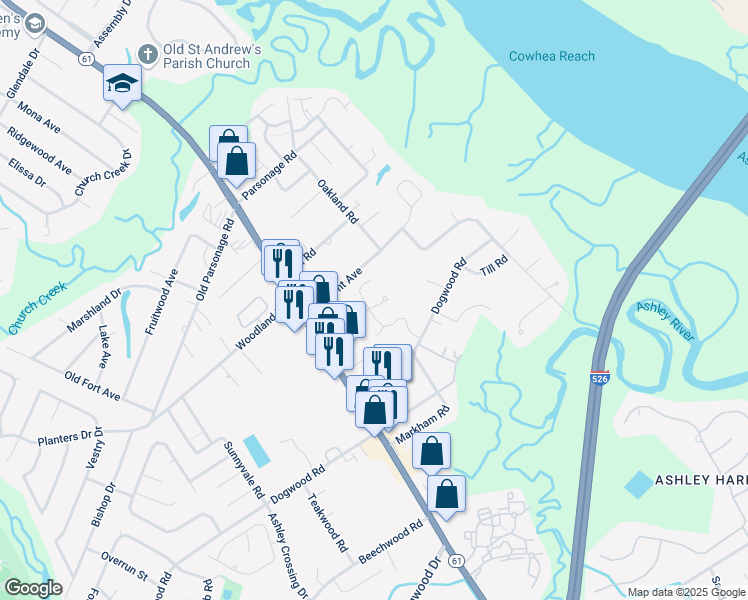 map of restaurants, bars, coffee shops, grocery stores, and more near 2435 Castlereagh Road in Charleston