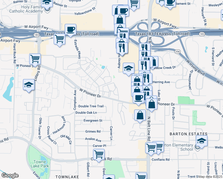 map of restaurants, bars, coffee shops, grocery stores, and more near 3701 West Pioneer Drive in Irving
