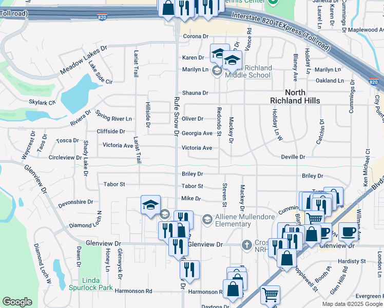 map of restaurants, bars, coffee shops, grocery stores, and more near 6720 Victoria Avenue in Fort Worth