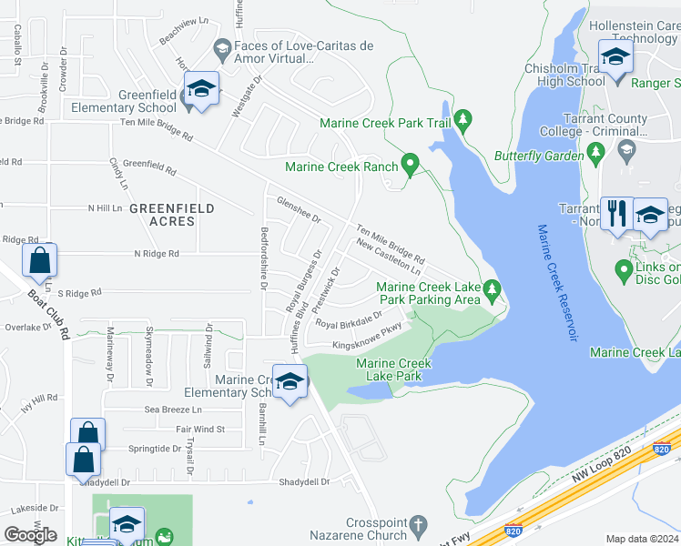 map of restaurants, bars, coffee shops, grocery stores, and more near 5208 Prestwick Drive in Fort Worth