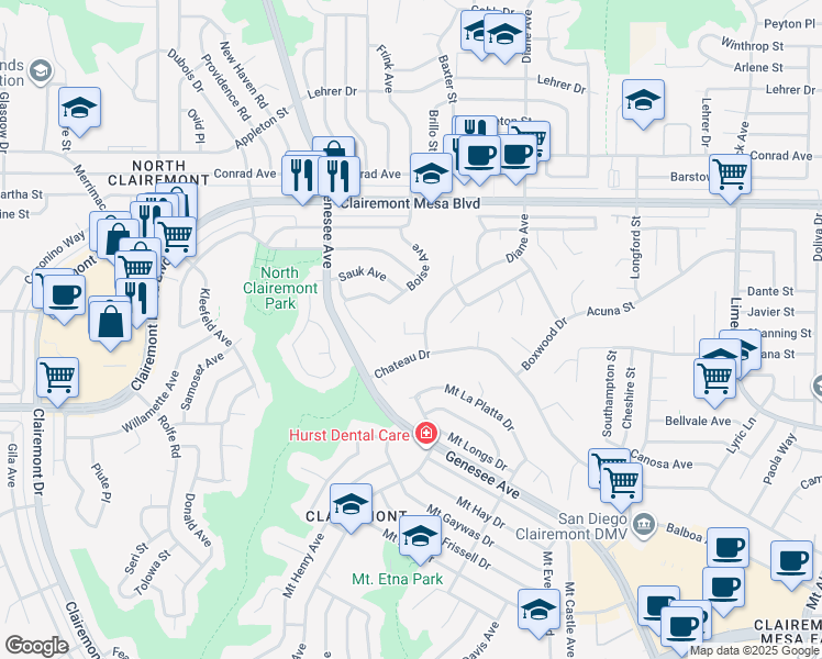 map of restaurants, bars, coffee shops, grocery stores, and more near 4550 Diane Way in San Diego