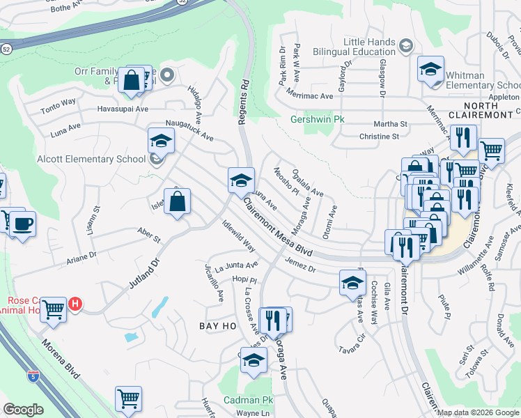 map of restaurants, bars, coffee shops, grocery stores, and more near 3246 Clairemont Mesa Boulevard in San Diego