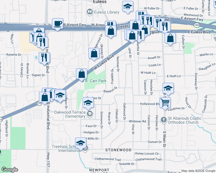 map of restaurants, bars, coffee shops, grocery stores, and more near 508 Franklin Drive in Euless