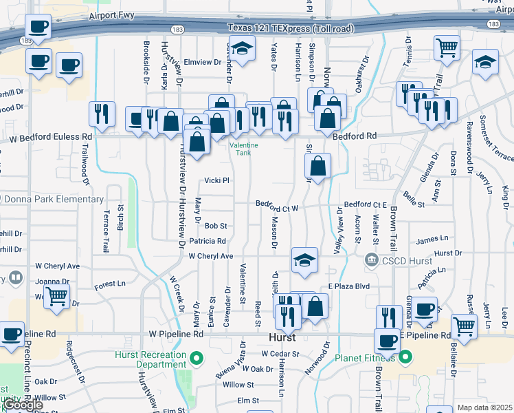 map of restaurants, bars, coffee shops, grocery stores, and more near 1141 Reed Street in Hurst