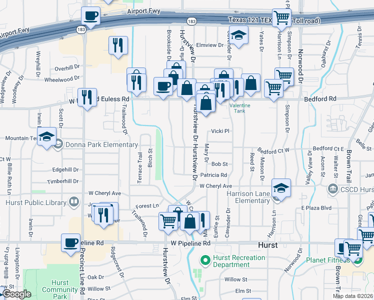 map of restaurants, bars, coffee shops, grocery stores, and more near 1140 Karla Drive in Hurst