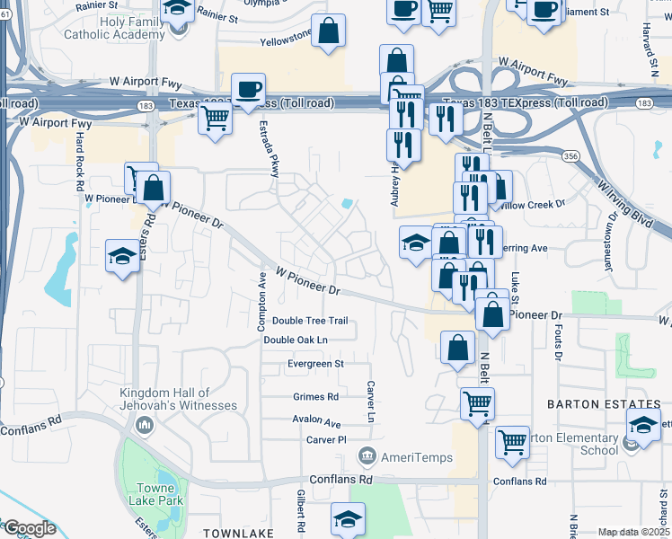 map of restaurants, bars, coffee shops, grocery stores, and more near 1838 Estrada Pkwy in Irving