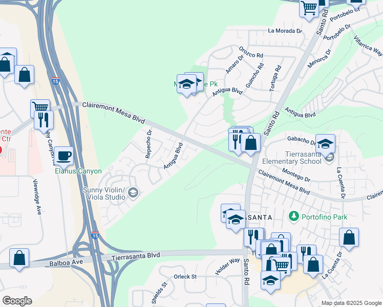 map of restaurants, bars, coffee shops, grocery stores, and more near 10270 Mirabel Lane in San Diego