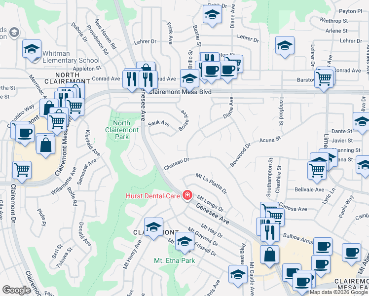 map of restaurants, bars, coffee shops, grocery stores, and more near 4681 Diane Avenue in San Diego