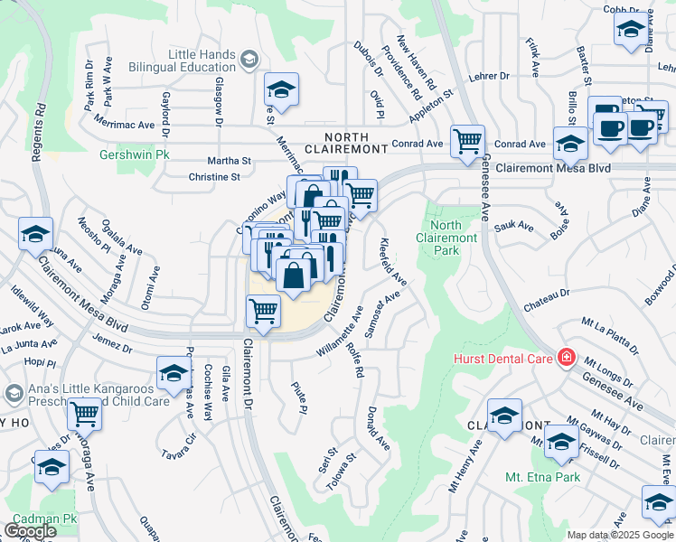 map of restaurants, bars, coffee shops, grocery stores, and more near 4140 Clairemont Mesa Boulevard in San Diego