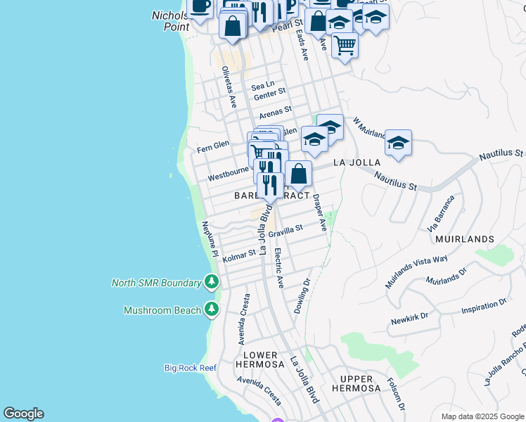 map of restaurants, bars, coffee shops, grocery stores, and more near 407 Bonair Street in San Diego