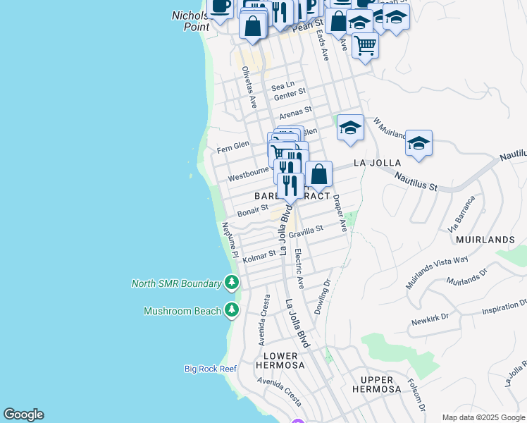 map of restaurants, bars, coffee shops, grocery stores, and more near 407 Bonair Street in San Diego