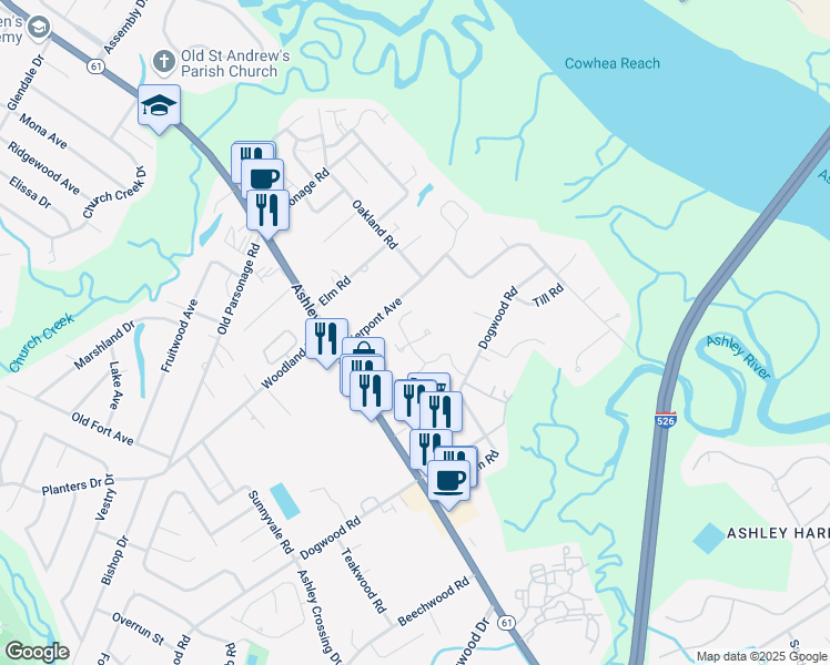 map of restaurants, bars, coffee shops, grocery stores, and more near 2435 Castlereagh Road in Charleston