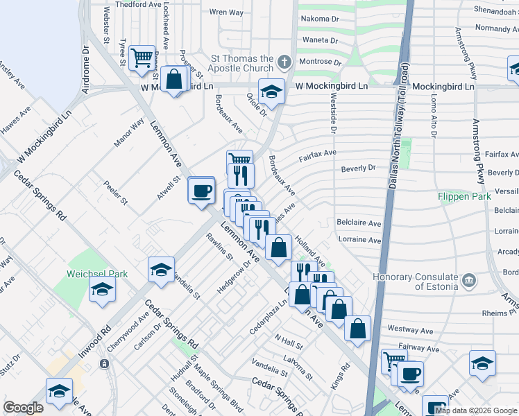 map of restaurants, bars, coffee shops, grocery stores, and more near 5615 La Foy Boulevard in Dallas