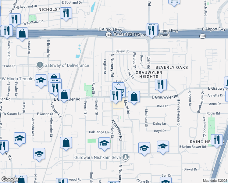 map of restaurants, bars, coffee shops, grocery stores, and more near 916 Mcclendon Street in Irving