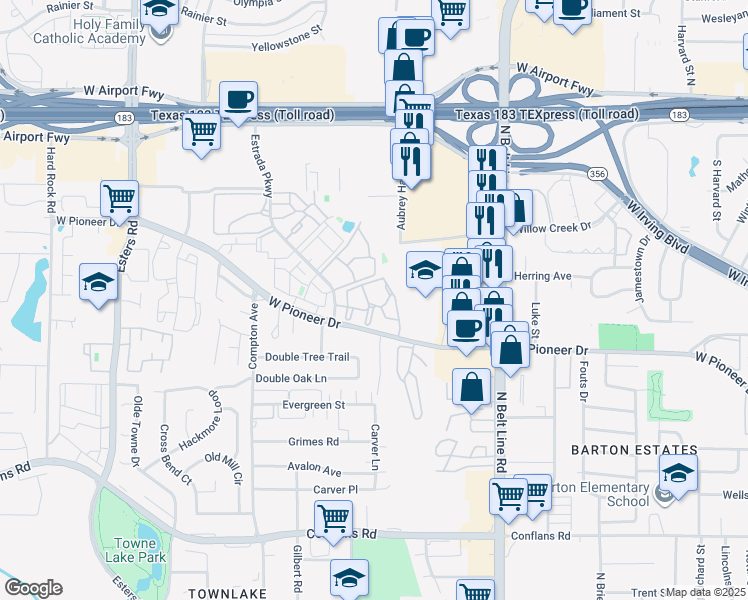 map of restaurants, bars, coffee shops, grocery stores, and more near 3717 West Pioneer Drive in Irving