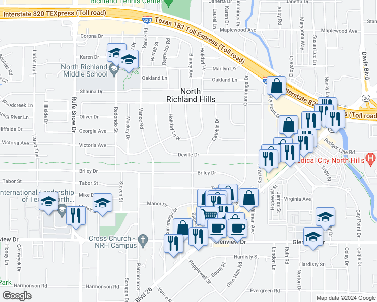 map of restaurants, bars, coffee shops, grocery stores, and more near 7113 Deville Drive in North Richland Hills