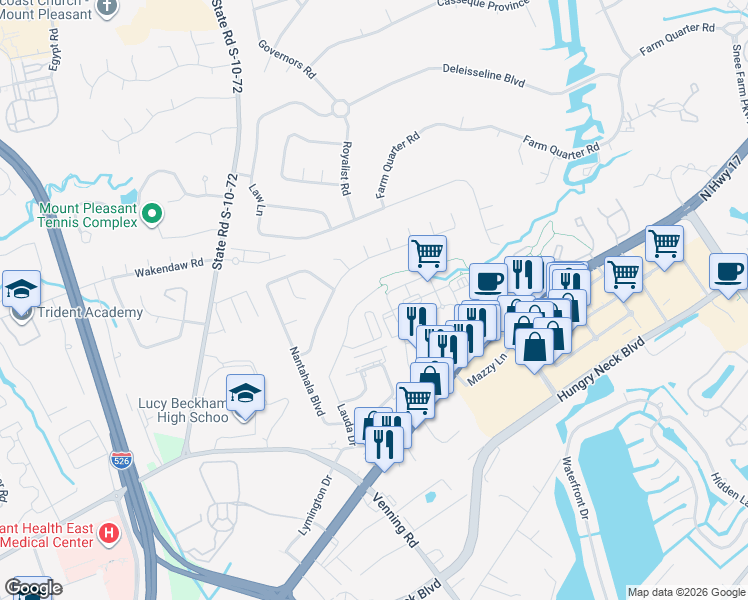 map of restaurants, bars, coffee shops, grocery stores, and more near 1754 Deer Path Drive in Mount Pleasant