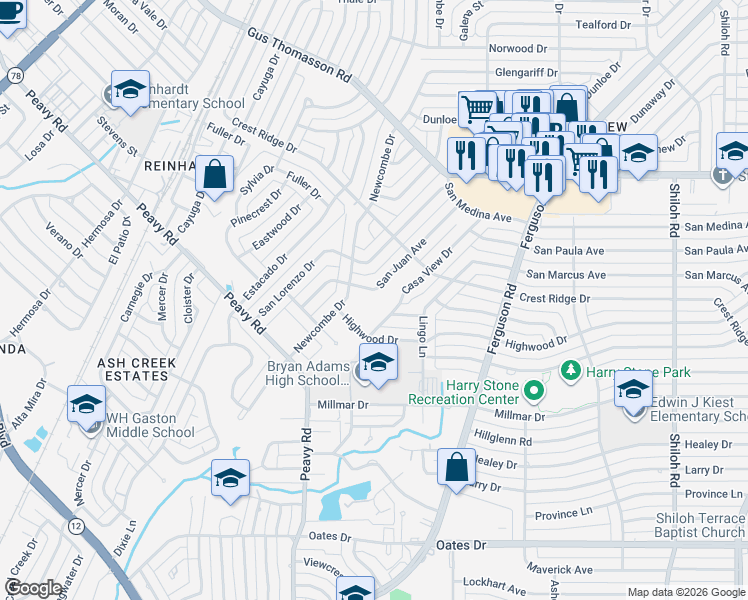 map of restaurants, bars, coffee shops, grocery stores, and more near 10132 San Juan Avenue in Dallas