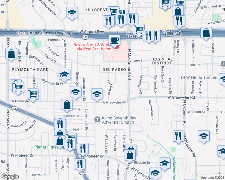 map of restaurants, bars, coffee shops, grocery stores, and more near 1606 Live Oak Drive in Irving
