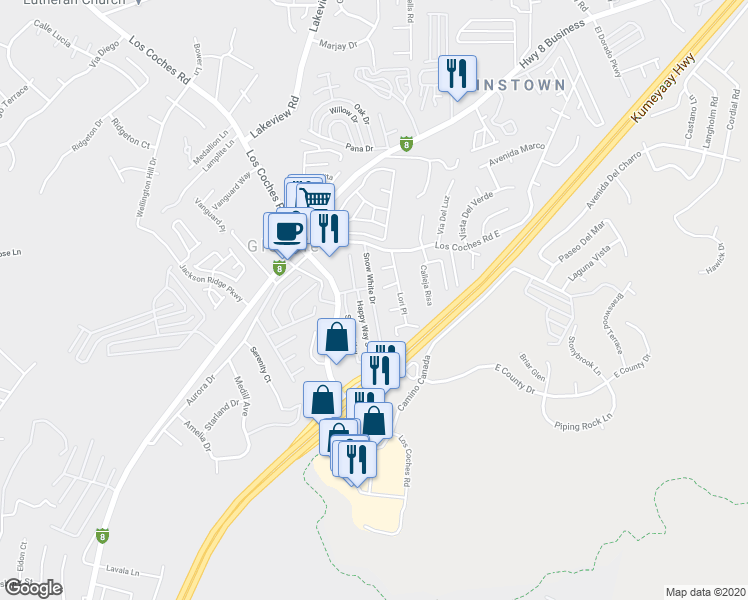 map of restaurants, bars, coffee shops, grocery stores, and more near 8449 Snow White Drive in El Cajon