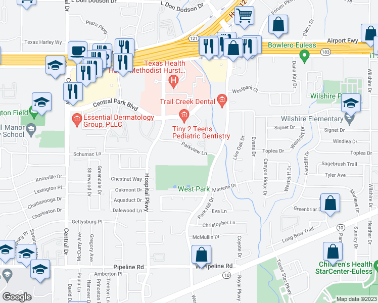 map of restaurants, bars, coffee shops, grocery stores, and more near 2704 Parkview Lane in Bedford