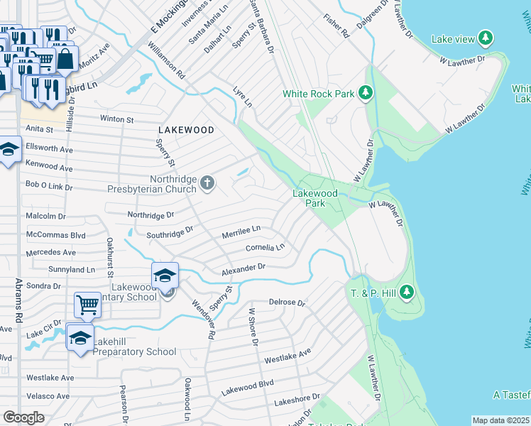map of restaurants, bars, coffee shops, grocery stores, and more near 7026 Southridge Drive in Dallas