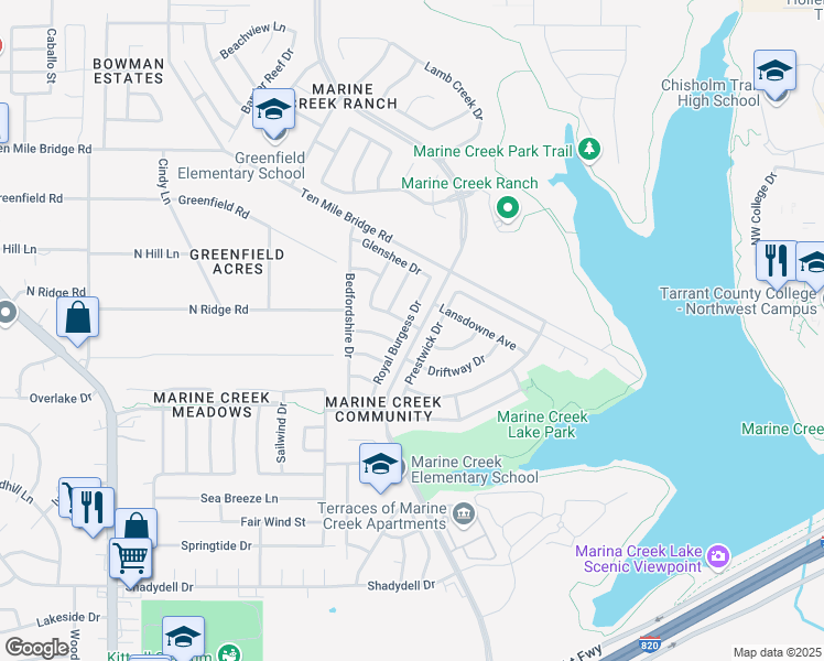 map of restaurants, bars, coffee shops, grocery stores, and more near 5136 Royal Burgess Drive in Fort Worth