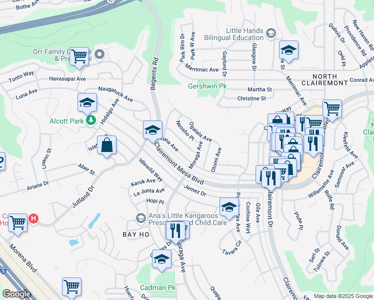map of restaurants, bars, coffee shops, grocery stores, and more near 3335 Moccasin Avenue in San Diego