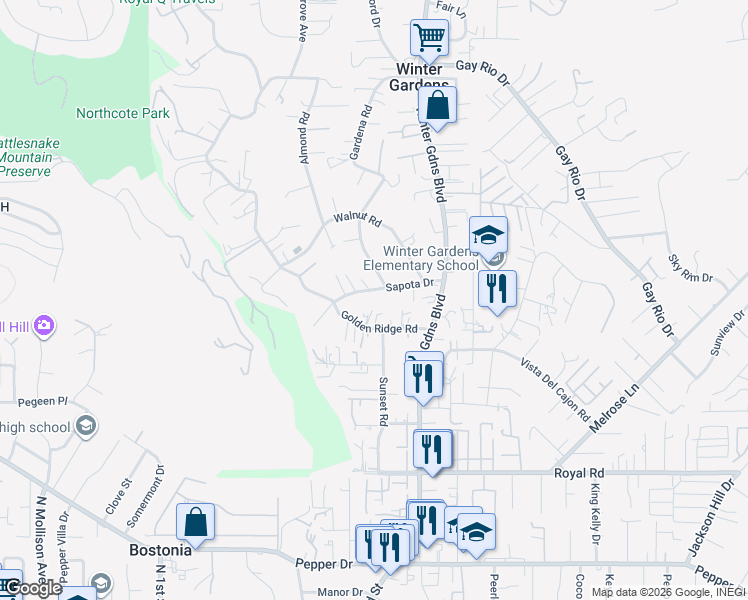 map of restaurants, bars, coffee shops, grocery stores, and more near 11855 Sapota Drive in Lakeside