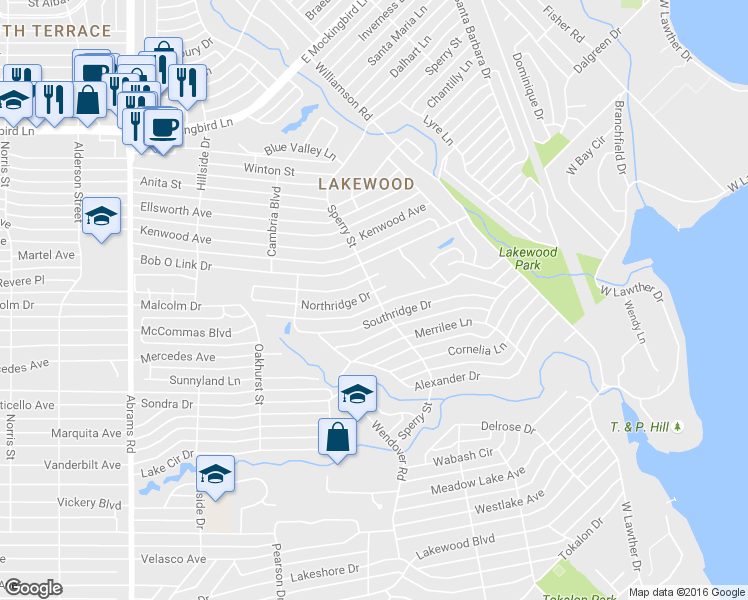 map of restaurants, bars, coffee shops, grocery stores, and more near 6850 Northridge Drive in Dallas