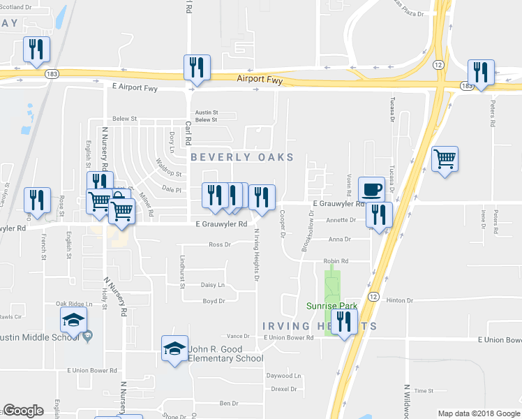 map of restaurants, bars, coffee shops, grocery stores, and more near 1611 East Grauwyler Road in Irving
