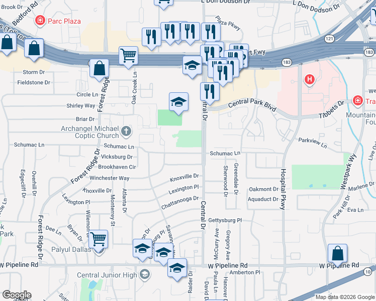 map of restaurants, bars, coffee shops, grocery stores, and more near 2009 Schumac Lane in Bedford