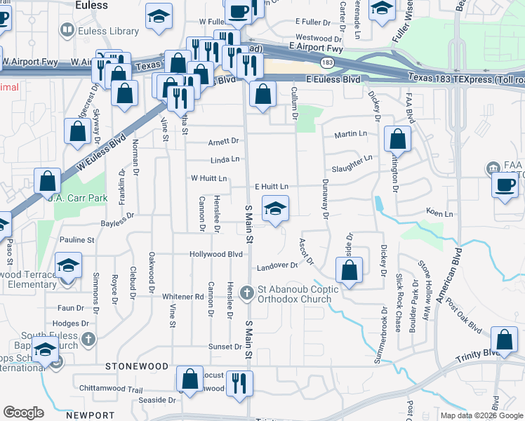 map of restaurants, bars, coffee shops, grocery stores, and more near 109 Main Place in Euless