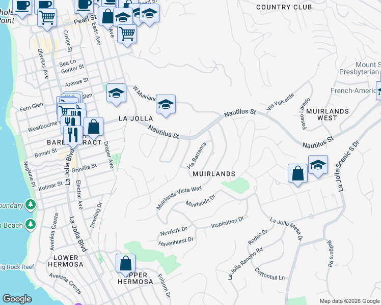 map of restaurants, bars, coffee shops, grocery stores, and more near 6653 Avenida Manana in San Diego