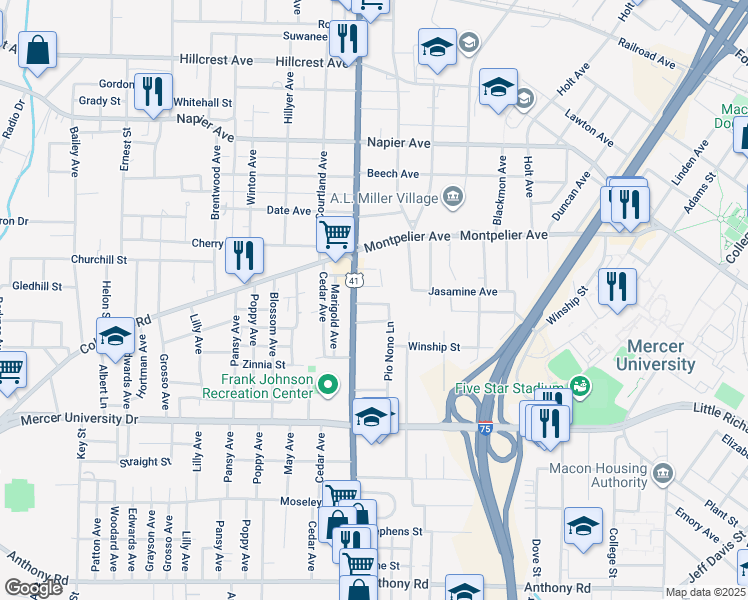 map of restaurants, bars, coffee shops, grocery stores, and more near 2575 Richard Street in Macon