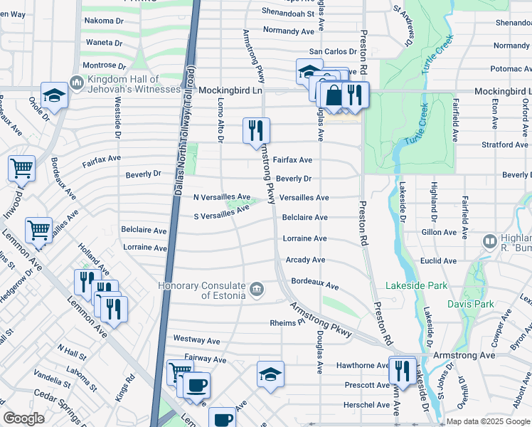 map of restaurants, bars, coffee shops, grocery stores, and more near 4400 Belclaire Avenue in Dallas