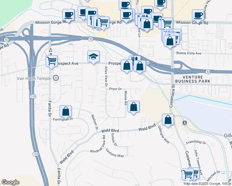 map of restaurants, bars, coffee shops, grocery stores, and more near 8588 Shanes Way in Santee