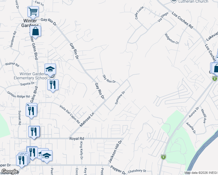 map of restaurants, bars, coffee shops, grocery stores, and more near 12446 Skyhigh Court in El Cajon